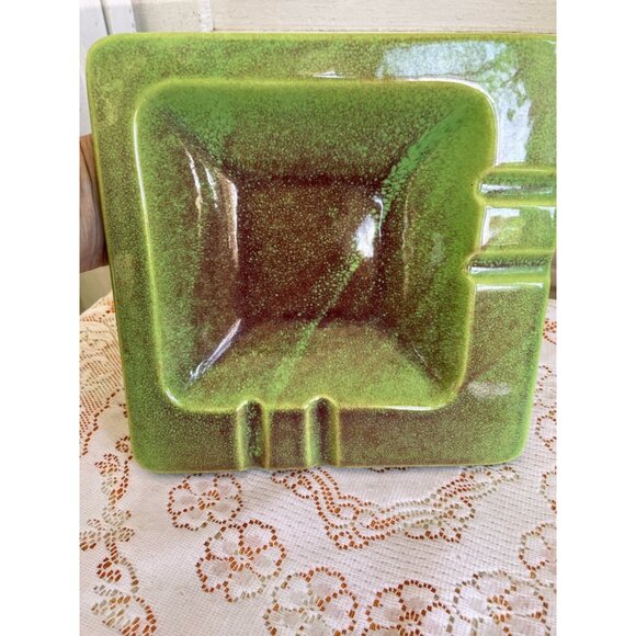 Vintage Mcm 1960s Green & Brown Glazed Ceramic Ashtray - Picture 3 of 9
